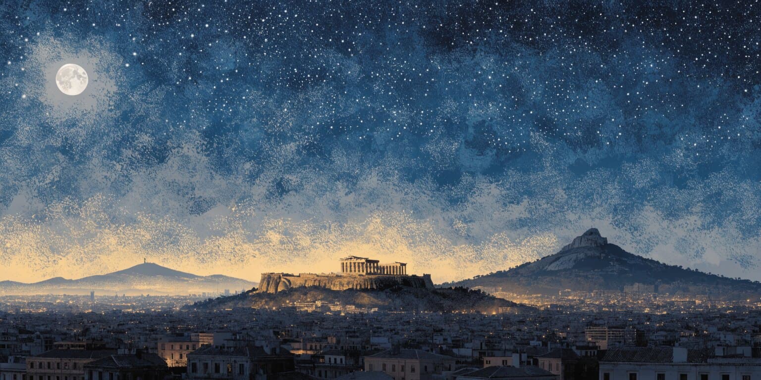 Νύχτα πάνω από την Αθήνα. Εικόνα αρχείου.